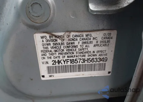 2003 Honda Pilot Ex-L z USA, uszkodzony, nr VIN 2HKYF18573H563349